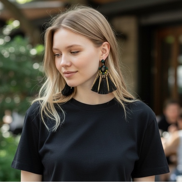 NEW Serpentine Green & Black Onyx Fringed Glam Earrings - Picture 3 of 6